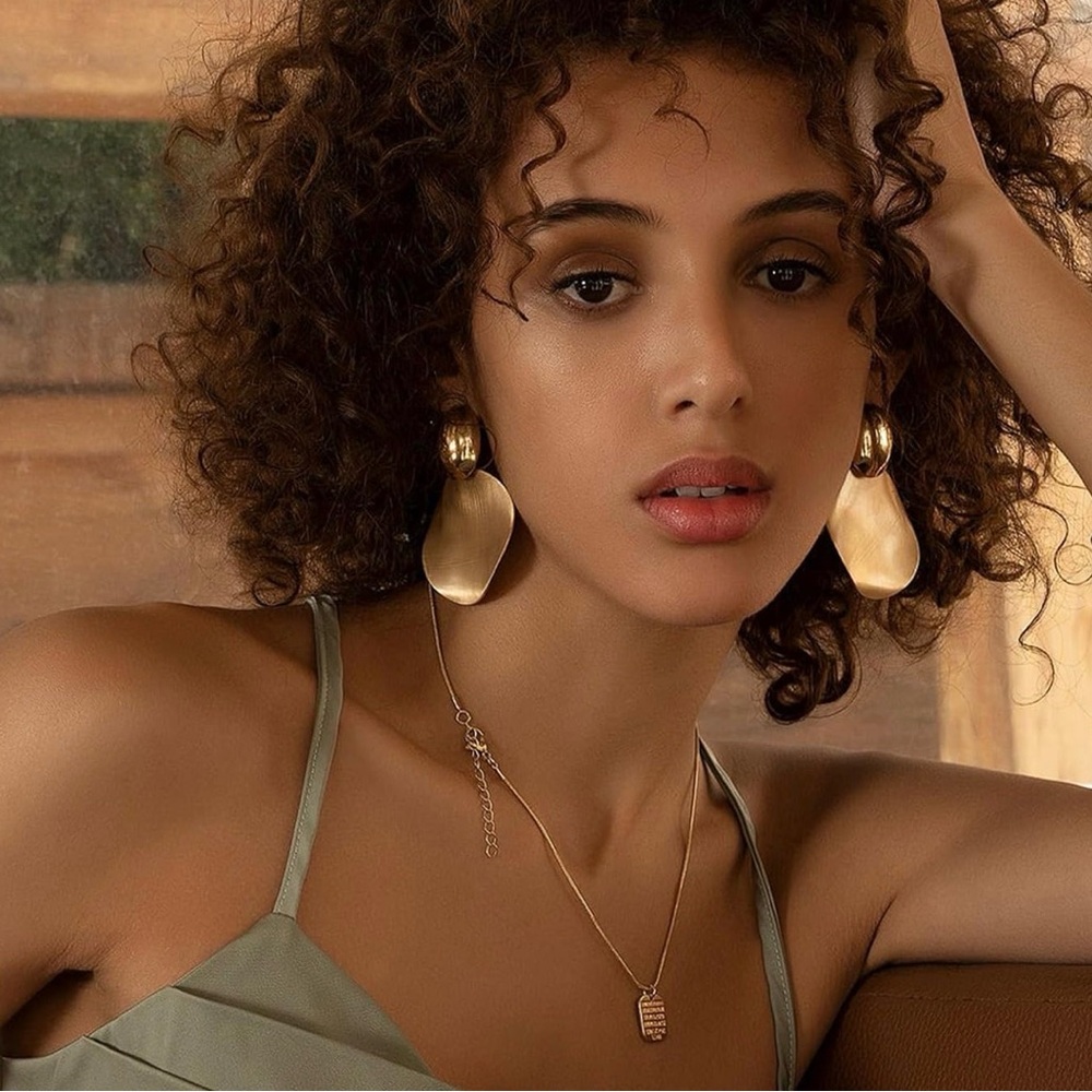 Statement Drop Gold Dangle Round Hammered Earrings - image 2